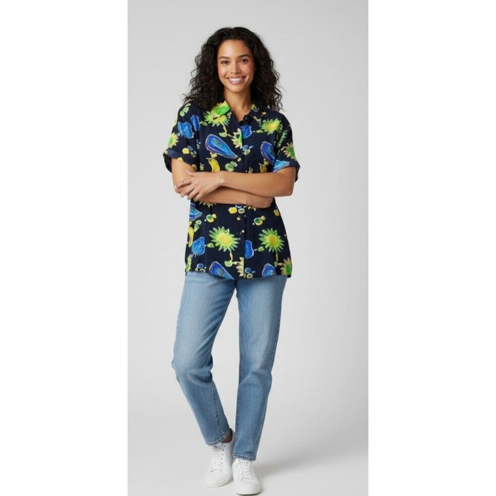 VTG K Arnold Navy Tropical Silk Shirt Sz L Short Sleeve Button Front Resort Chic